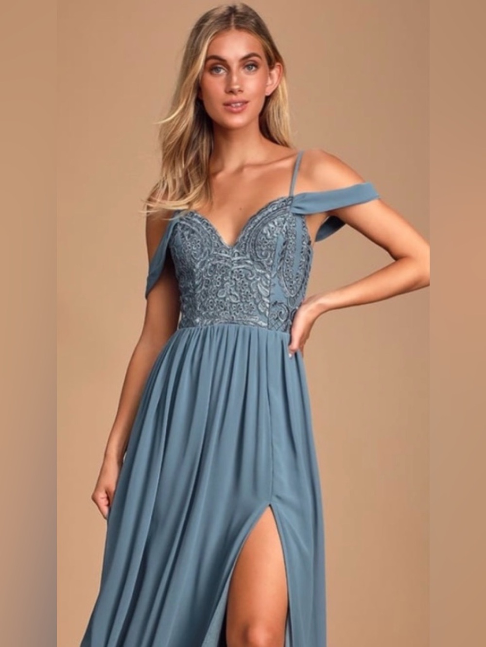 Lulus Dancing Darling Slate Blue Off-the-Shoulder Maxi Dress